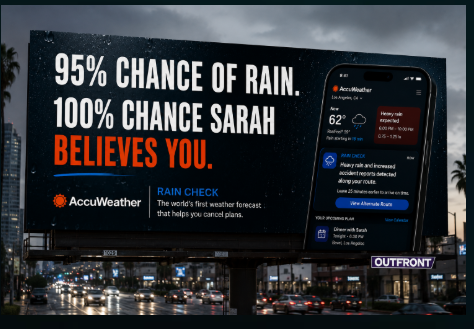 Concept billboard reading 95% chance of rain. 100% chance Sarah believes you