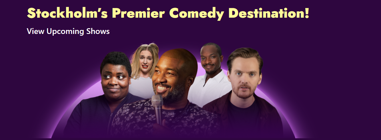 The Laugh House website featuring five comedians and the headline Stockholm’s Premier Comedy Destination