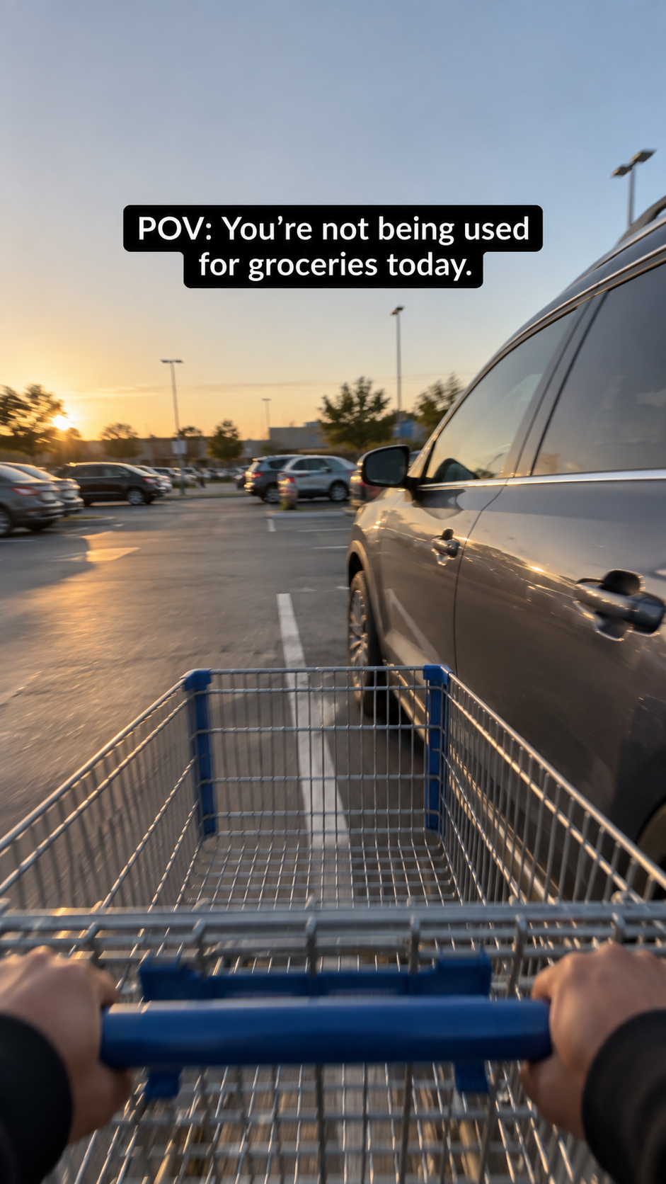 POV from shopping cart being pushed toward a car