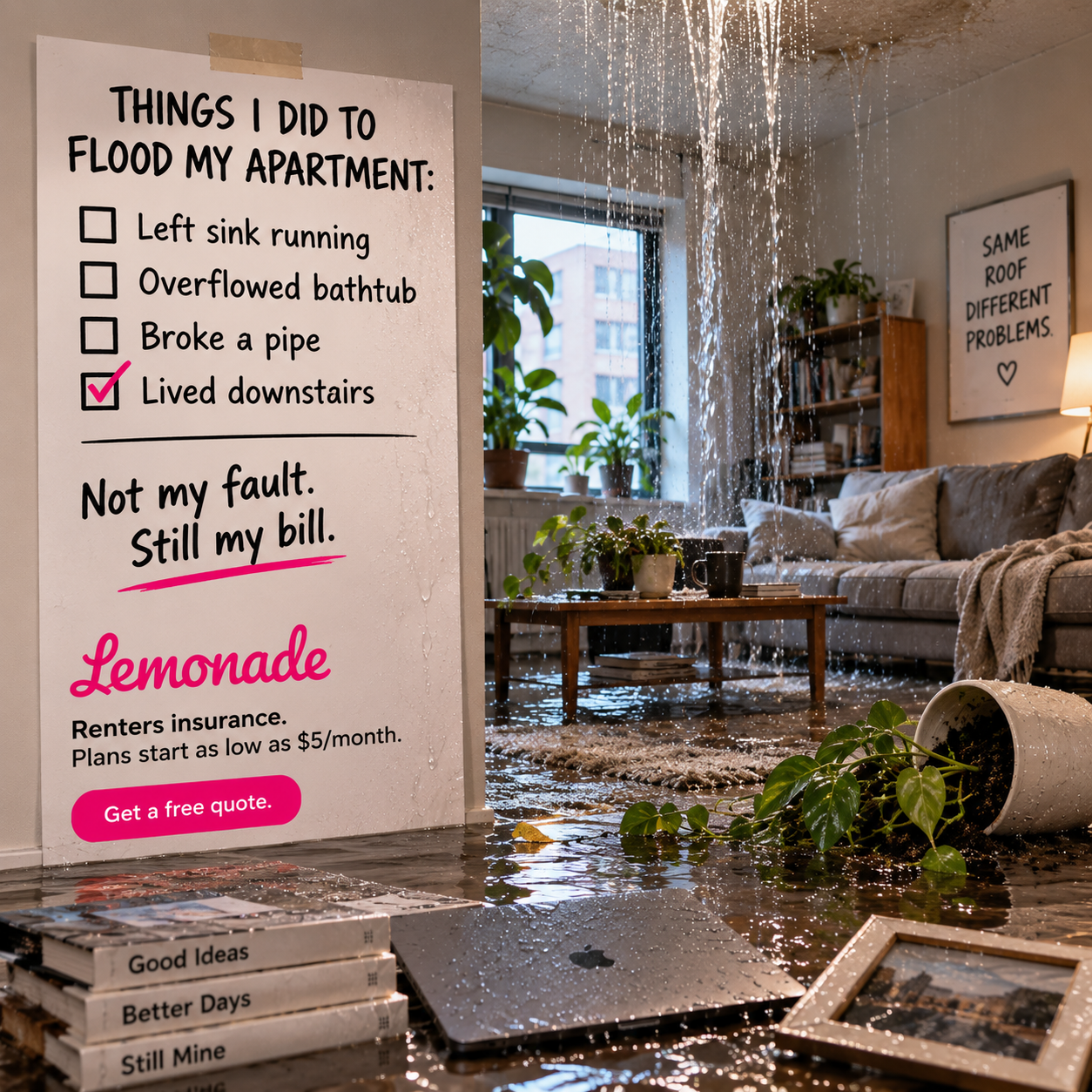 Static ad showing flooded apartment and checklist