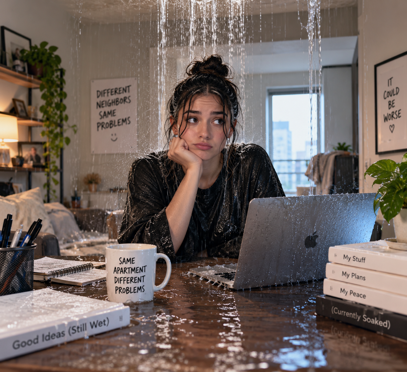 Creator sitting at a soaked home-office desk while water pours from the ceiling