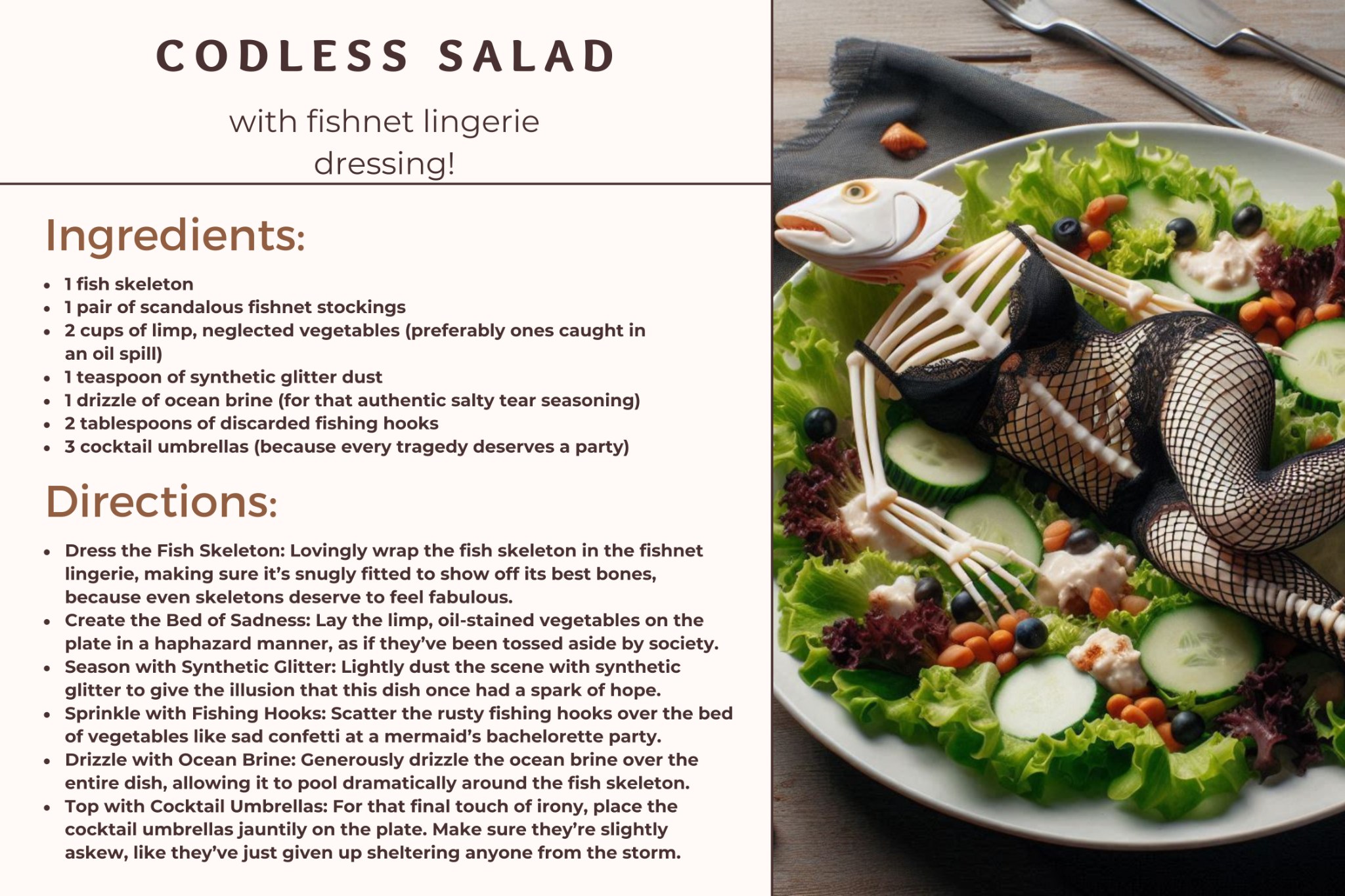 Codless Salad with fishnet lingerie dressing recipe execution