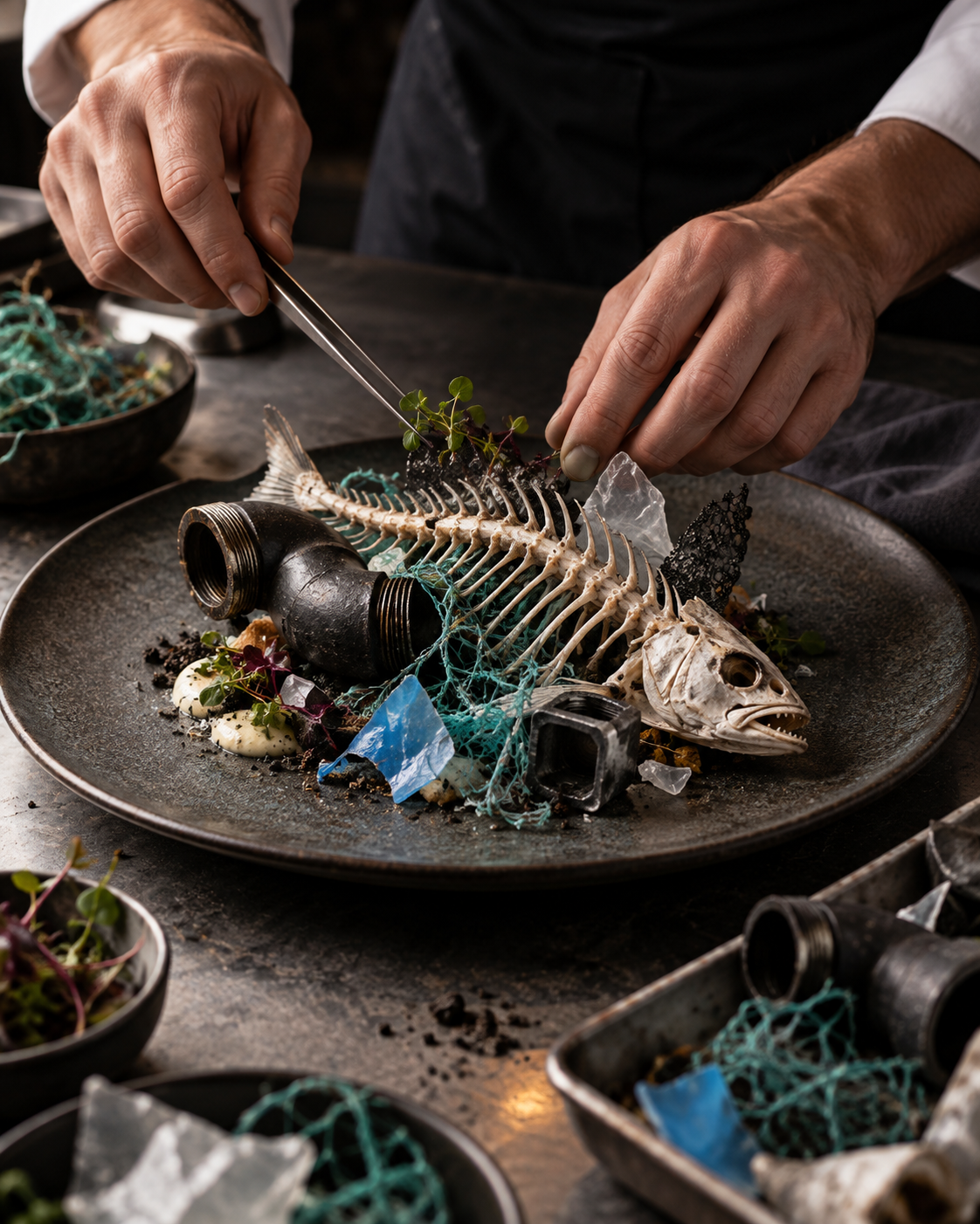 Industrial plastic waste and a fish skeleton arranged as food