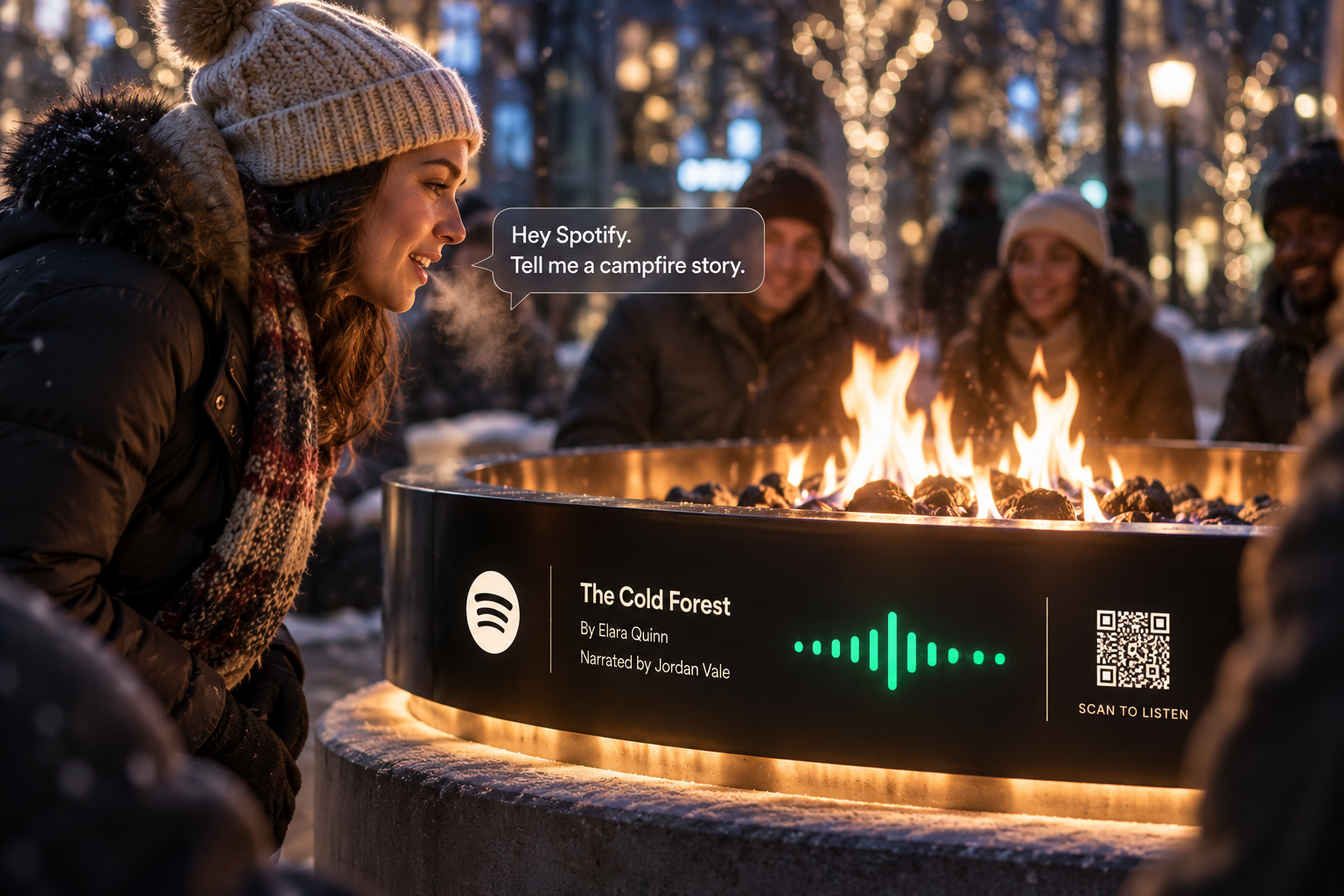 AI-assisted close-up showing a visitor asking Spotify for a campfire story and an installation identifying a fictional audiobook