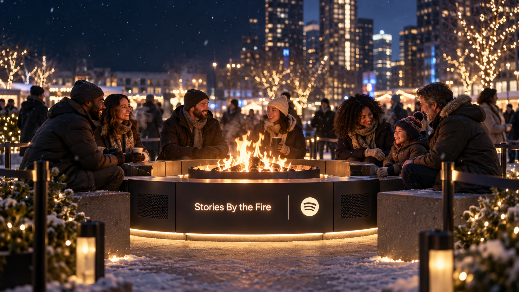 AI-assisted concept visualization of people gathered around a Spotify audiobook fire installation in a winter city plaza